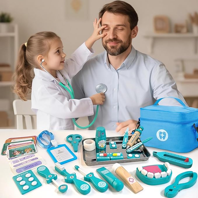 Doctor Kit for Toddlers 3-5, Wooden Kids Dentist Play Set, Doctor Play Set Pretend Play Toys for Toddlers , Realistic Wooden Medical Kit Role Play Set, Gifts for Boys Girls 3+ Years