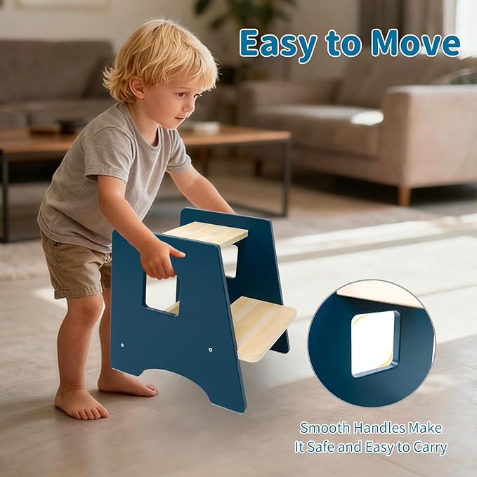 WOOD CITY Toddler Step Stool-Wooden 2 Step Stools for Bathroom Sink Potty Training Kitchen Stool Helper for Kids Bonus Non-Slip Pads and Handles for Safety Blue