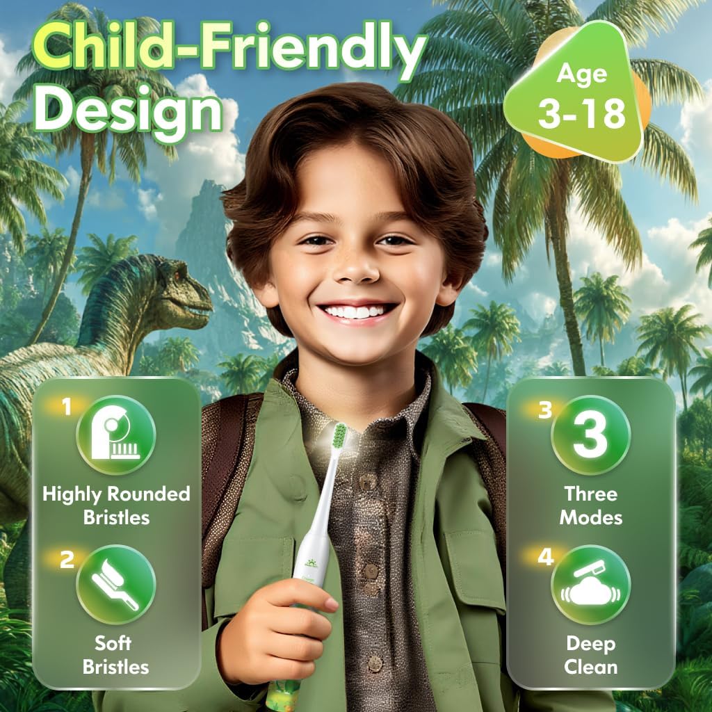 Kids Electric Toothbrush Rechargeable Age 3-5-6-12-18 Year Old, Dinosaur Toothbrush for Kids with Timer 3 Modes 4 Vibrating Heads Habit Stickers 31000VPM Boys Electric Toothbrush (Dinosaur White)