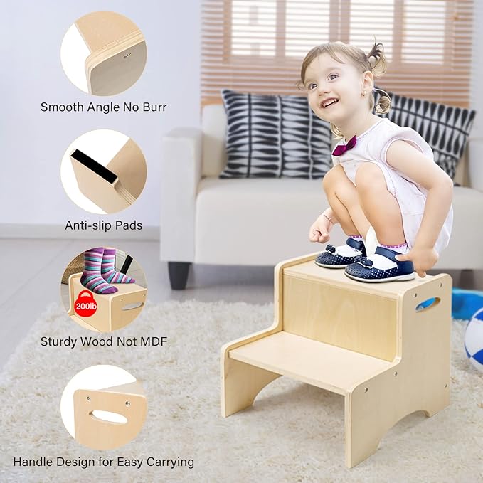 WOOD CITY Wooden Toddler Step Stool for Kids, Bathroom Potty Stool & Kitchen Stool, Natural Two Step Stool for Bedroom, Children's Stool with Handles and Safety Non-Slip Pads