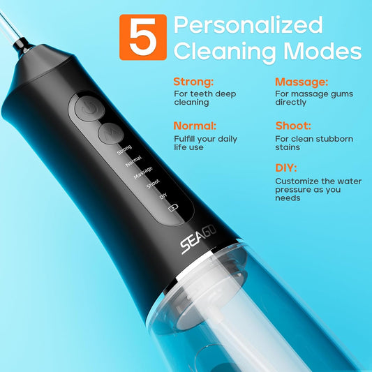 SEAGO Water Dental Flosser Cordless for Teeth, 5 Modes and 7 Nozzles, Dental Water Flosser 300mL, DIY Mode Memory Function, IPX7 Waterproof Dental Flosser, SG8019 Black