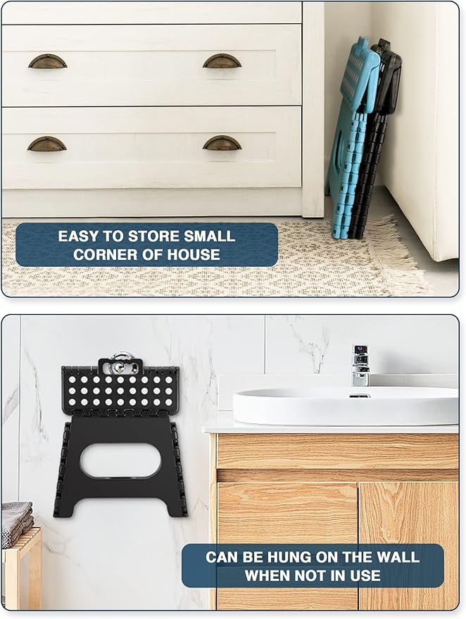 Dyforce Folding Step Stool 11", Durable Kids Step Stool, Heavy Duty Step Stools for Adults, Compact Foot Stools, Light-Weight Toddler Step Stools for Kitchen, Bathroom, Holds Up to 300 lbs (Black)