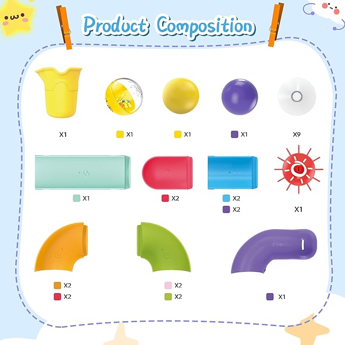 Toddler Bath Toys, Bathtub Toys Ball Slide Track, DIY Shower Toys with Suction Cups, Christmas Birthday Bath Fun Time Gifts Toys for Girls and Boys Age 2 3 4 5 6