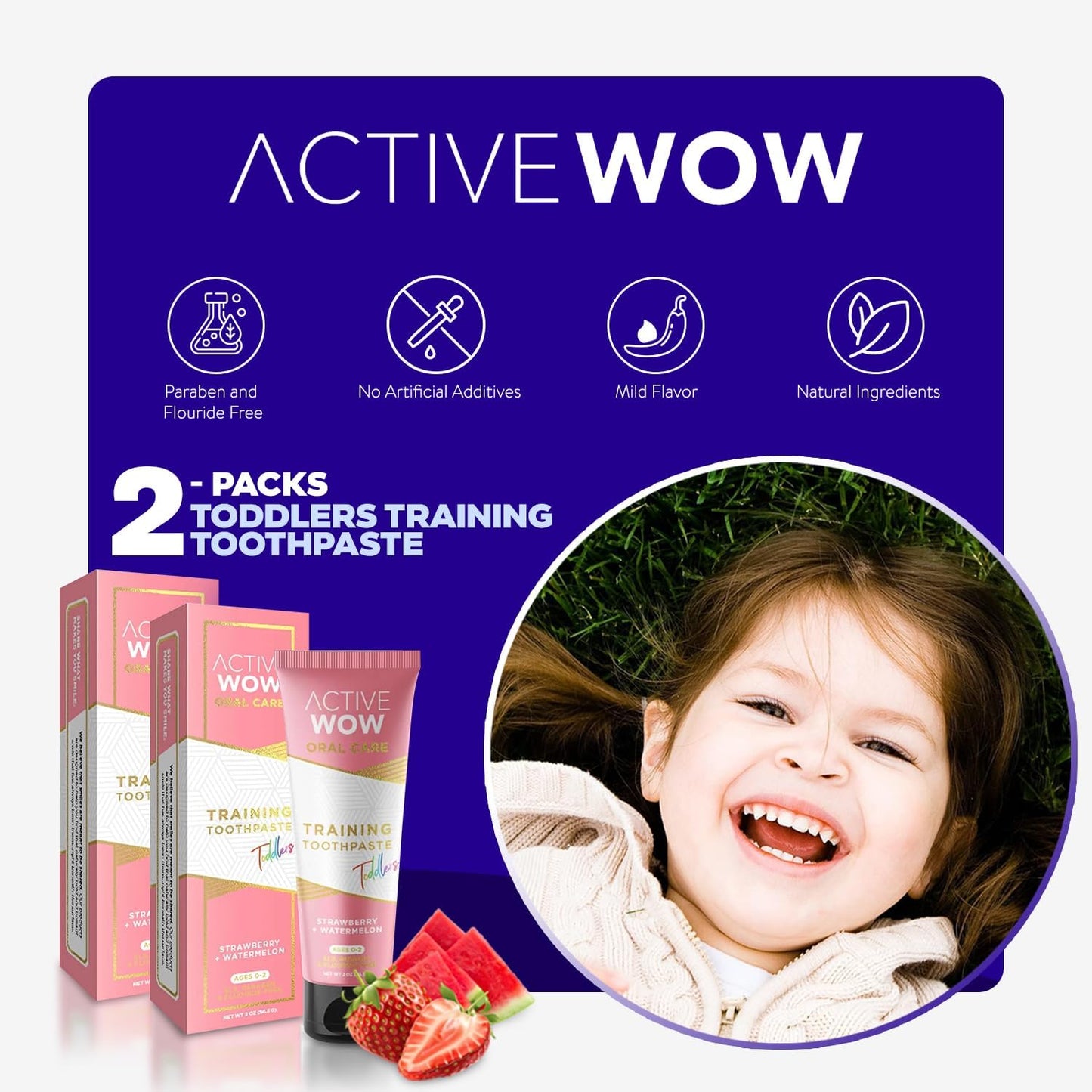 Active Wow Training Toothpaste – Fluoride-Free, Toddler-Safe, Gentle, Vegan, Safe to Swallow – Strawberry Watermelon, 2 Pack
