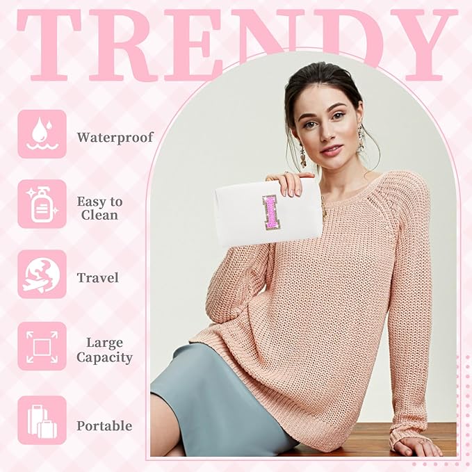 Small Initial Patch Makeup Bag Personalized Gifts Make Up Bag,White Cute PU Leather Glitter Letter Cosmetic Bag with Zipper,Trendy Portable Travel Toiletry Pouch,Preppy Stuff for Teen Girls Women I