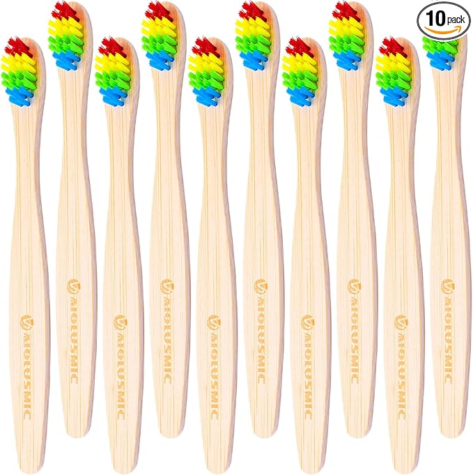 Eco-Friendly Bamboo Toothbrushes for Kids, 10 Pack Medium Bristles Rainbow, Biodegradable Natural Bamboo Handle,Plastic-Free & Sustainable Oral Care for Children