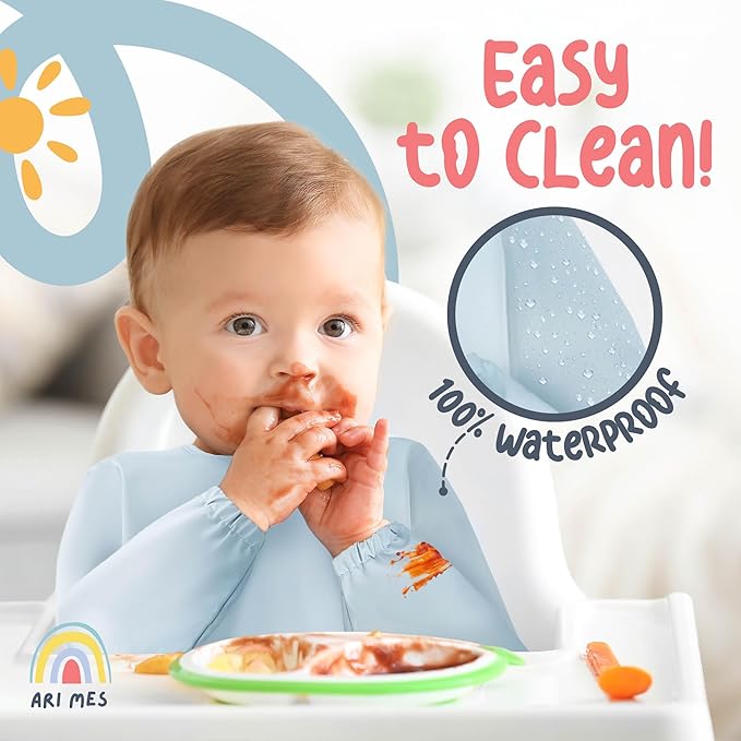 ARI MES Long Sleeves Waterproof Baby Bibs for Eating - Green, Large- Wearable, Coverall for Toddler, Long Sleeve Bib, Smock Apron for Feeding - Applicable for 6-72 Months