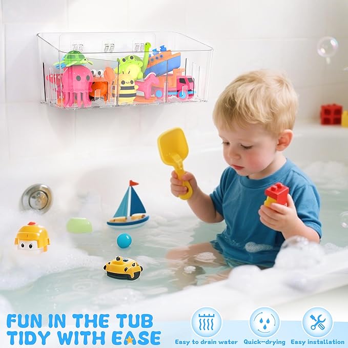 Lysam Bath Toy Storage 2 Packs, Large Bath Toy Holder with 3 Compartment, Quick Dry Bathtub Toy Organizer, Bath Tub Toy Net, Shower Toy Basket & Bin, Bathroom Accessories for Baby,Toddler,Kids（Clear）