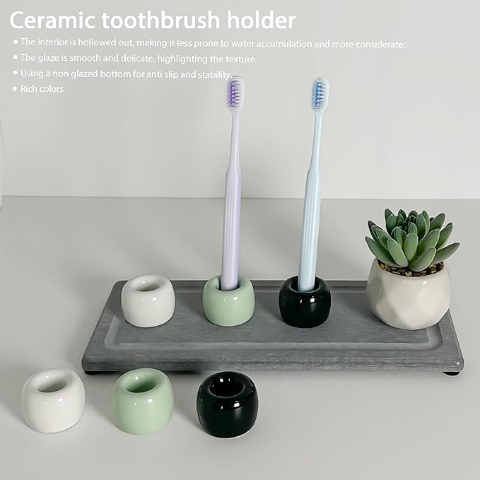 6-Pack Mini Ceramic Toothbrush Holders – Bathroom Countertop Organizers | Compact Hygienic Brush Stands (White+Black+Green)
