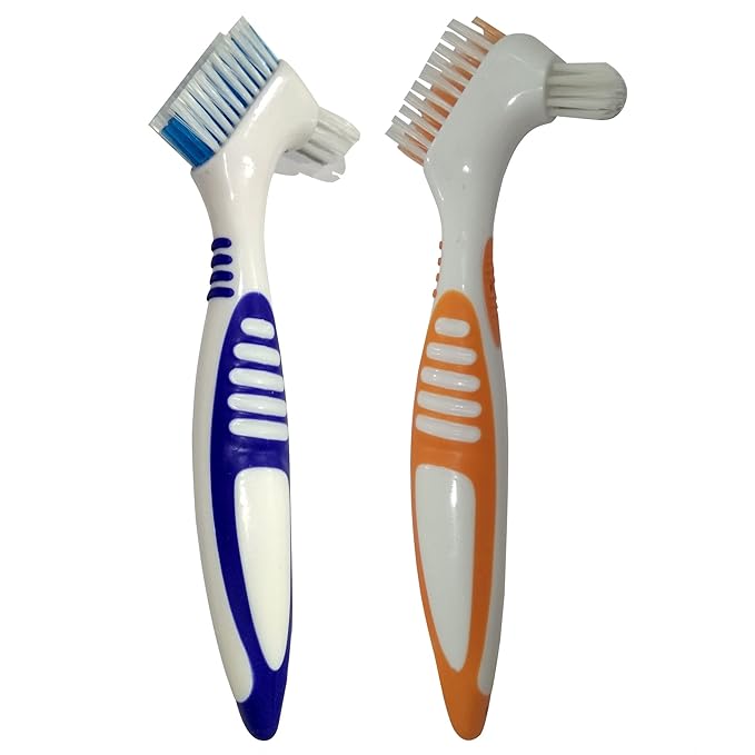 Gus Craft 2-Pack Denture Cleaning Brush Set- Premium Hygiene Denture Cleaner Set for Denture Care- Top Denture Cleanser Tool w/ Multi-Layered Bristles & Ergonomic Rubber Handle (Blue and Orange)