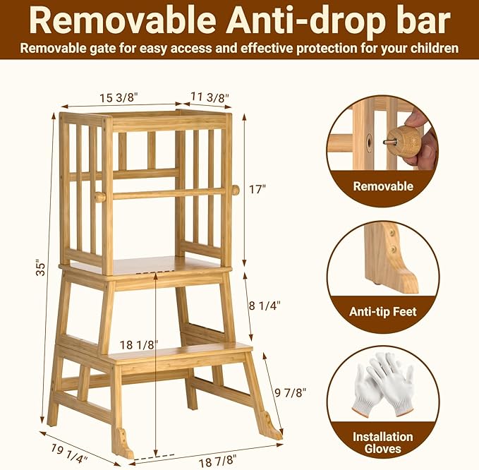 COSYLAND Kids Kitchen Step Stool，Toddler Standing Tower with CPC Certification, Removable Anti-Drop Railing Safety Rail Unique Patented Design Anti-tip Structure More Stable, 1.5-3 yrs Natural Bamboo