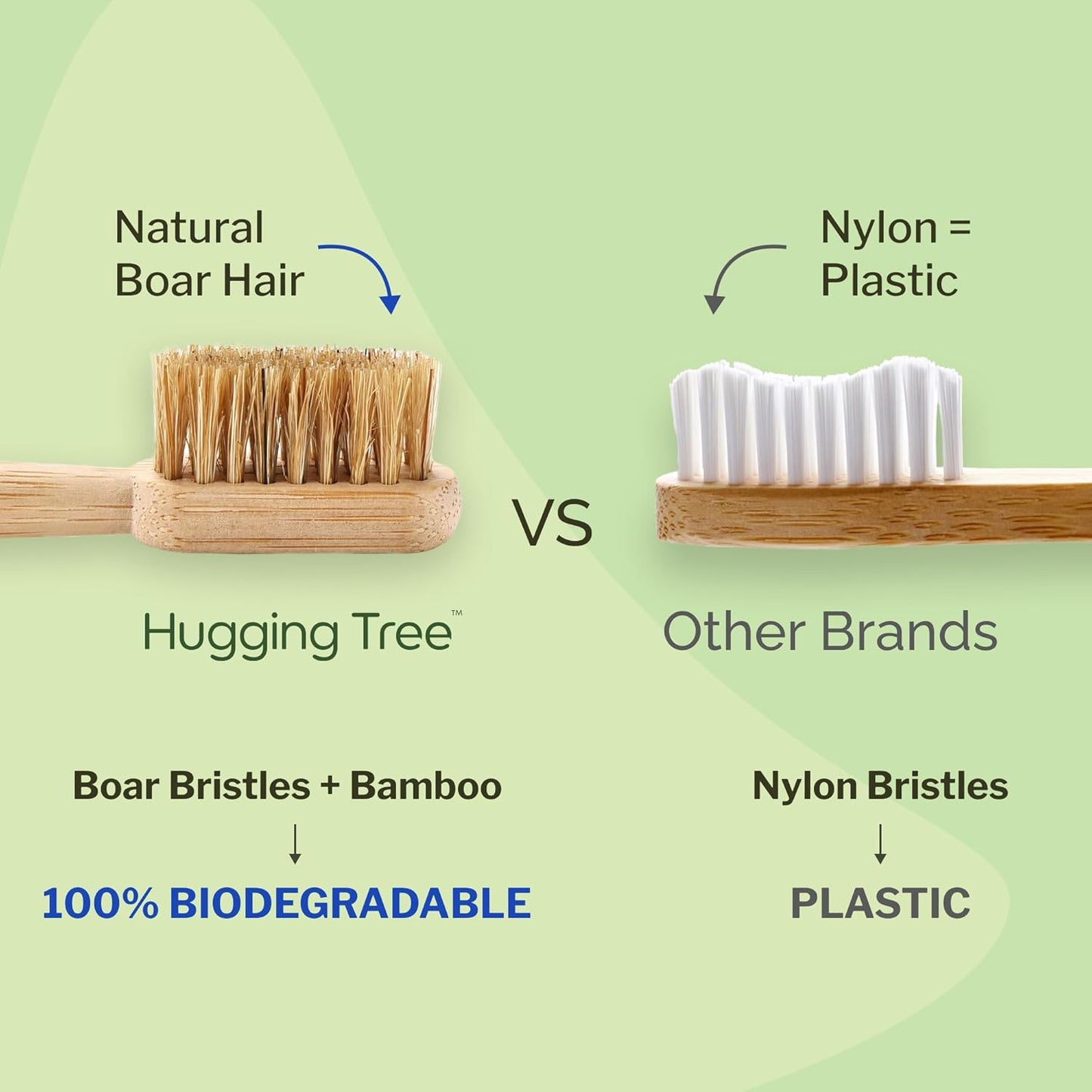 Boar Bristle Bamboo Toothbrush, Made from Natural Boar Hair Bristles, Plastic-Free (Pack of 6)