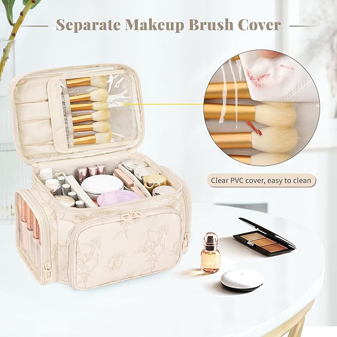 Large Makeup Bag, Portable Travel Makeup Bag Organizer for Women Girls with Makeup Brush Compartment & Two Side Pockets, Cosmetic Travel Bag Vertical Storage Toiletry - Beige