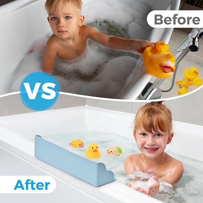 Bathtub Splash Guard, Silicone Bath Caddy Tray with 4 Suction Cups, Kids Toy Holder and Organizer Shelf for Toddler Tub Accessories (Blue)