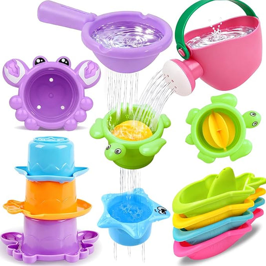 10 Pcs Bath Toys for Kids Ages 1-3, Bathtub & Pool Water Toys for Toddlers 1-3 & Babies 12-18 Months, Water Table Accessories with Floating Boats, Stacking Cups & Pouring Fun for Boys Girls