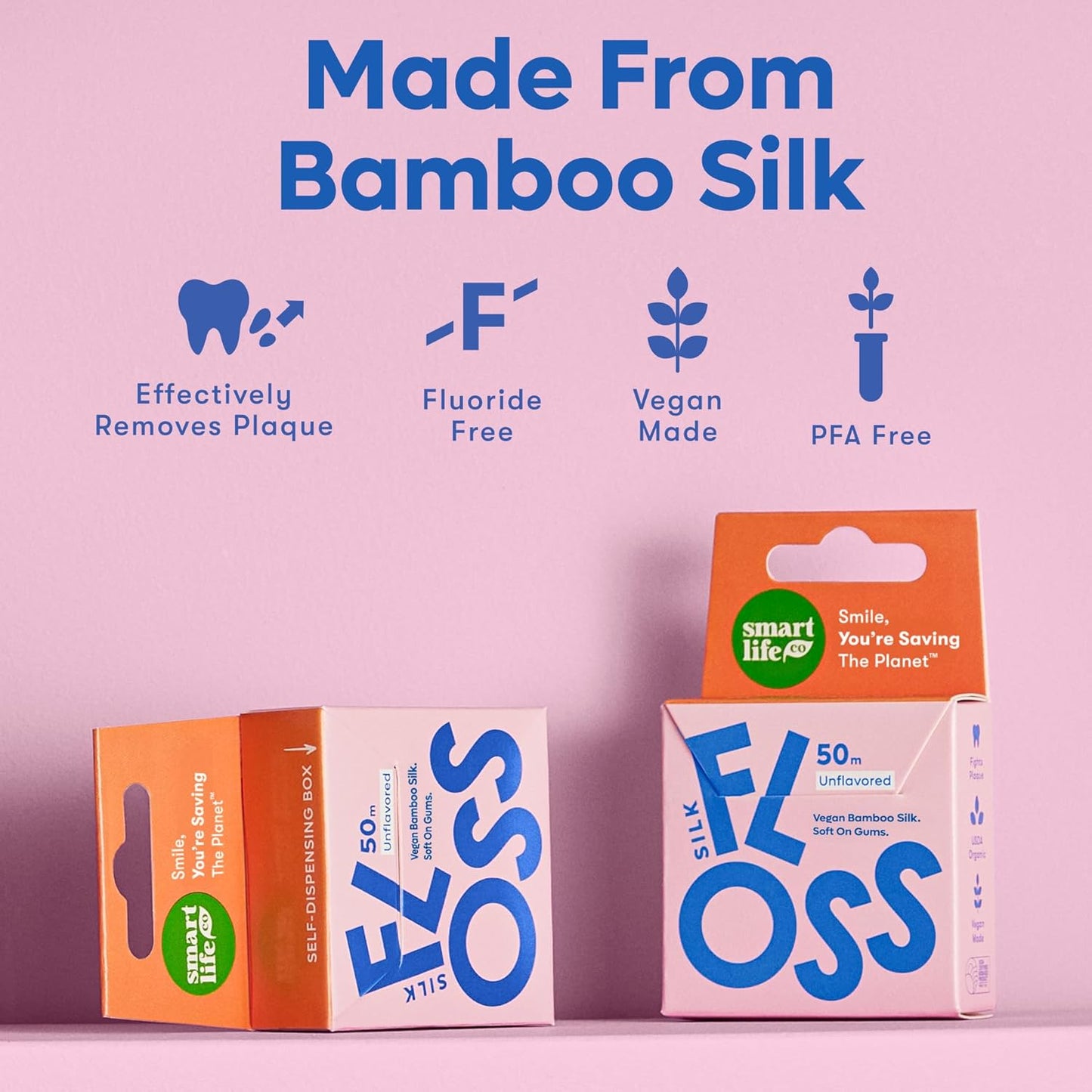 Vegan Bamboo Silk Floss - Pure Plastic Free Woven Dental Floss Thread | Zero Waste Eco-Friendly Oral Care | Natural PFA Free String for Adults & Kids Tight Teeth | Soft Easy Glide - Unflavored 55yds