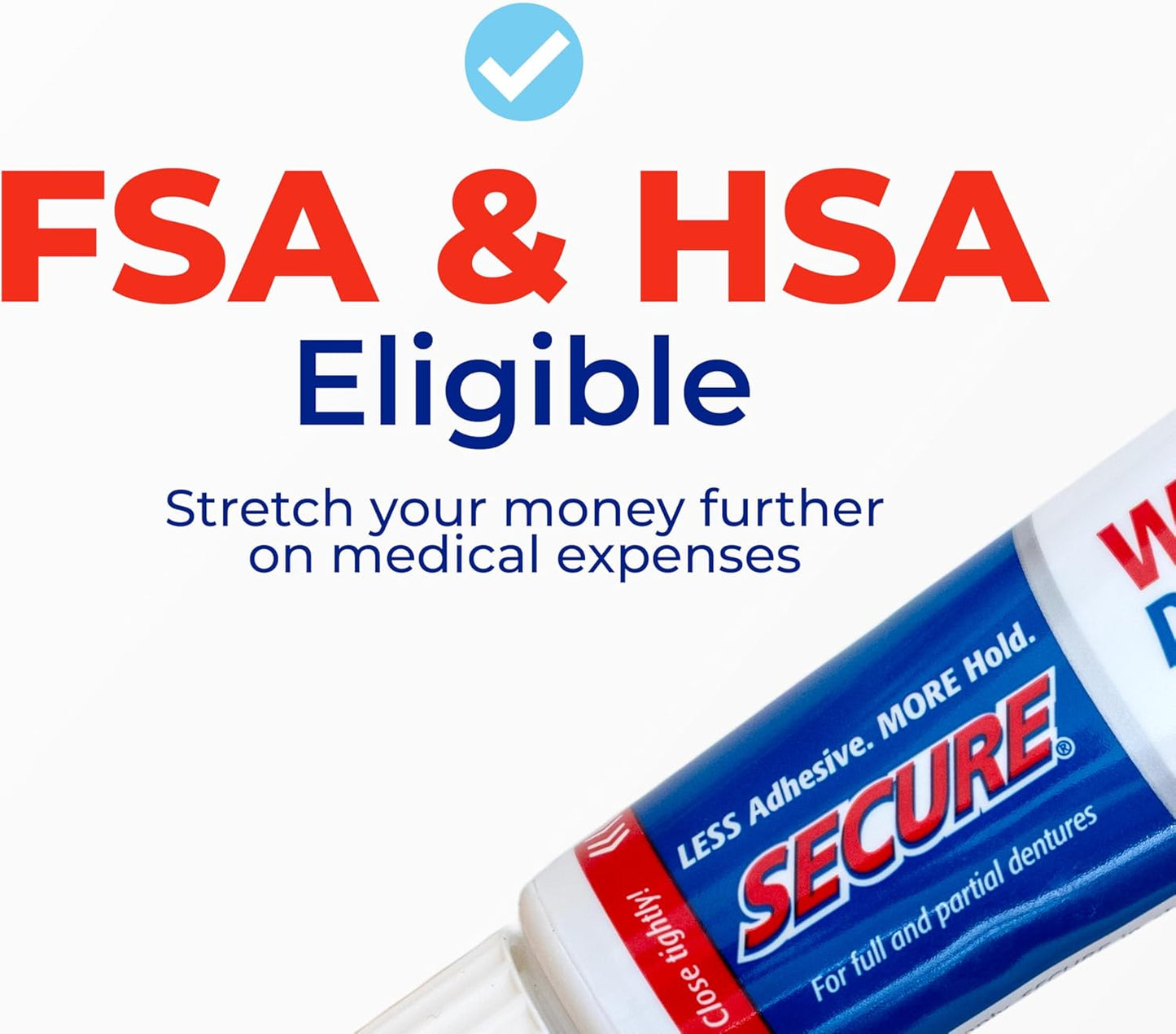 Secure Waterproof Denture Adhesive - Zinc Free - Extra Strong Hold For Upper, Lower or Partials - 1.4 oz