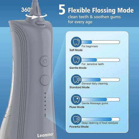 Leominor Water Flosser - 5 Modes Cordless Portable Oral Irrigator, IPX7 Waterproof, Rechargeable Teeth Cleaner Professional Flossing Cleaning Pick for Home Travel (Gray)