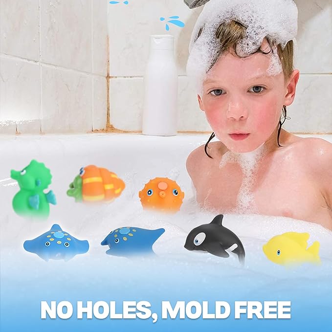 Magnetic Toddler Bath Toys - Kids Fishing Pool Game Set of 2 Fishing Poles, 8 Rubber Sea Animals, & Net - Water Toys with Mesh Organizer Bag