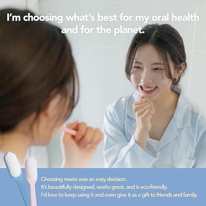 Reseio Eco Toothbrush Set with 3 Replaceable HeadsㅣSoft BristlesㅣPlastic-FreeㅣBPA-FreeㅣSustainable Oral CareㅣTravel Pouch Included - Pink