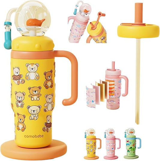 Stainless Steel Whale Fountain Tumbler with Handle 2025 Drinking Cup with Whale Squirt Insulated Travel Tumblers Kids Weighted Sippy Cup No Spill Cute Water Bottle with Lids and Straws Leak Proof (A1)