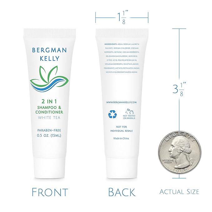 Bergman Kelly - Hotel 2 in 1 Shampoo and Conditioner - 0.5 fl oz, 200 PK, White Tea - Delight Your Guests with Revitalizing and Refreshing Travel Size Shampoo - Quality Mini Hotel Toiletries in Bulk