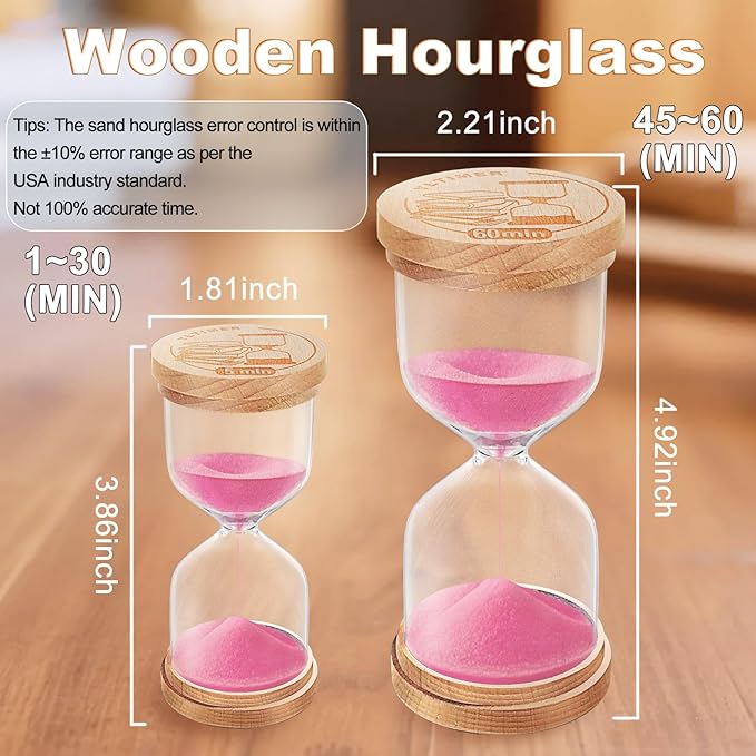 2 Minute Sand Timer Hourglass, Small Pink Sand Watch 2 Min,Beech Wooden Sand Clock, Reloj De Arena, Sandglass Hour Glass for Kitchen, Toothbrush,Home Decorative,Desk (Pink)