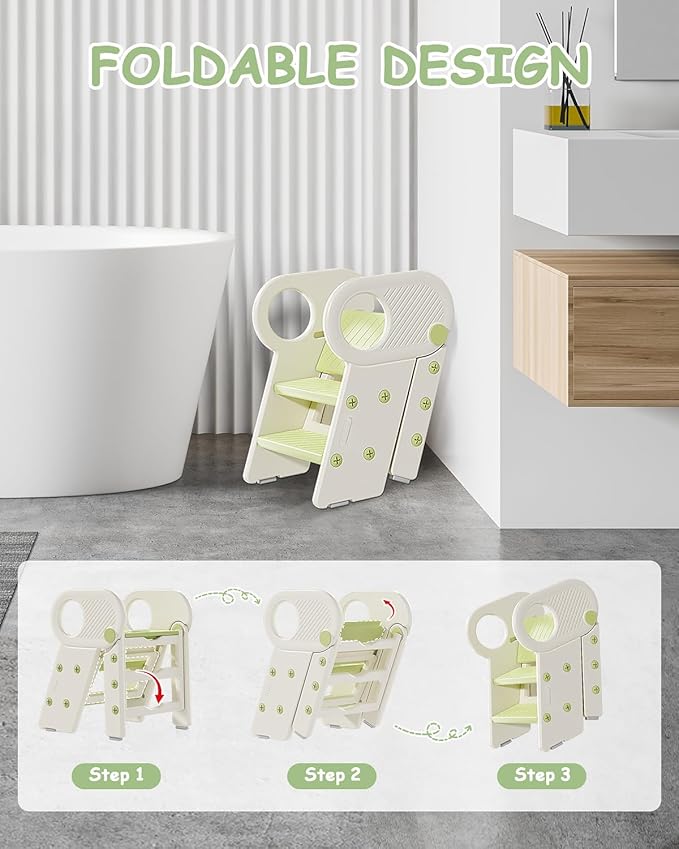 Foldable Step Stool for Toddlers, Adjustable 3 Step Stool for Bathroom Sink, Toilet Potty Training Stool with Handles, Child Kitchen Counter Bedroom Bed Stool Helper