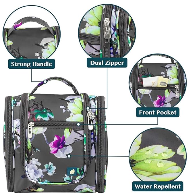 PAVILIA Toiletry Bag Travel Bag for Women Men, Hanging Cosmetic Organizer, Water Resistant Makeup Bag for Accessories Toiletries, Large Travel Essentials Kit (Floral Grey)