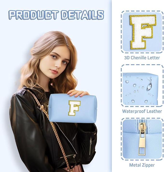 TOPEAST Birthday Gifts for Women, Personalized Initials Travel Makeup Bag Valentines Day Gifts for Women for Her (Sky Blue E)