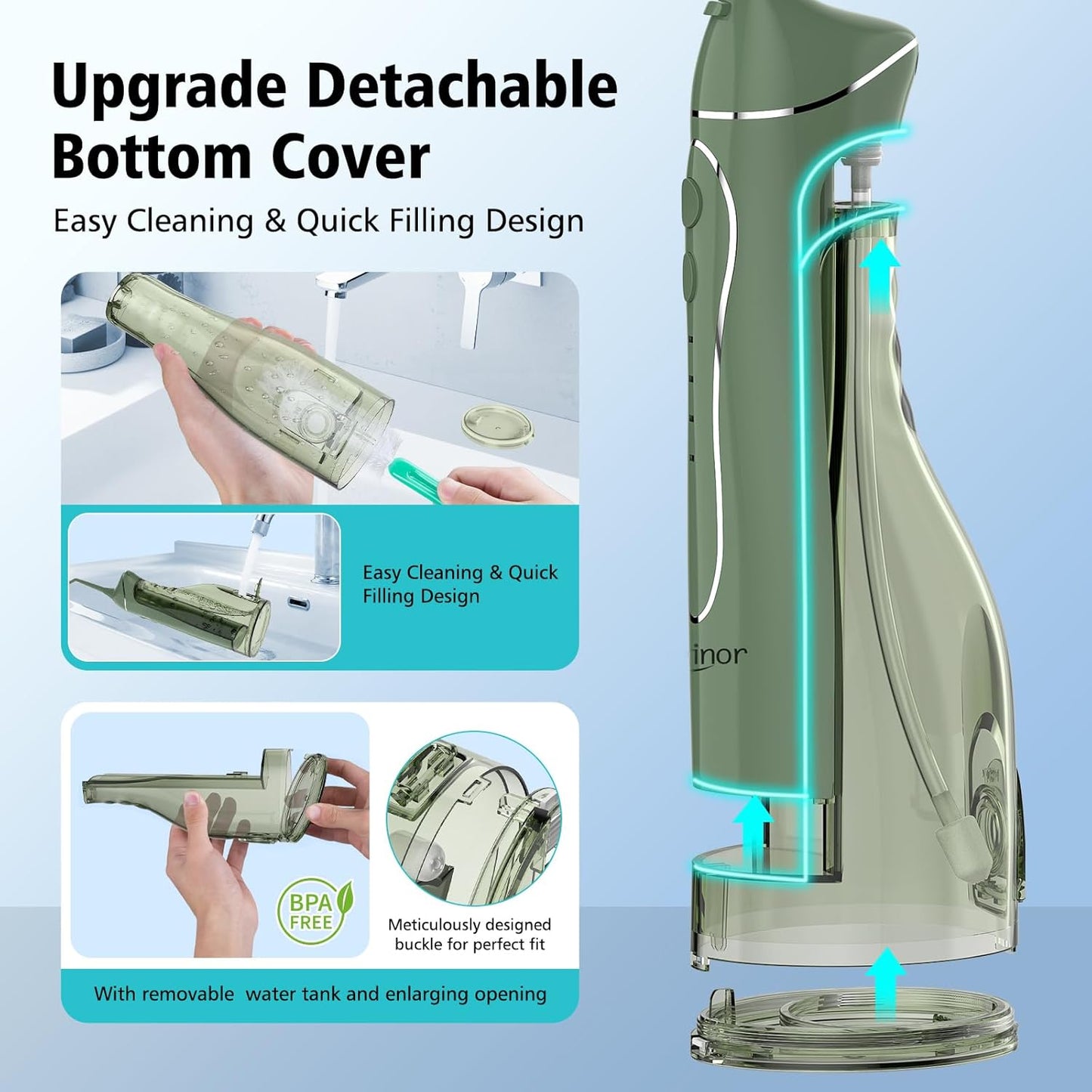 Leominor Water Dental Flosser Pick for Teeth, 300ML Portable Oral Irrigator Upgraded Tank Removable,IPX7 Waterproof, Rechargeable Travel Teeth Cleaner, Professional Electric Flossing Machine(O-Green)