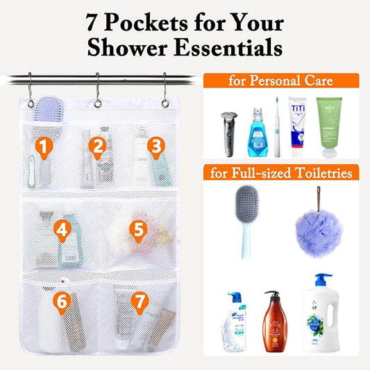 Mesh Shower Caddy Hanging, Quick-Drying Shower Organizer with 7 Pockets, Portable Bathroom Organizers and Storage for Shampoo, Soap, Loofah, Travel, and Cruise Essentials