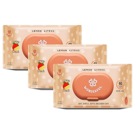 WONDERFUL Flushable Butt Wipes, Lemon Citrus 100% Plant-Based Wet Wipes for Adults & Kids; Sewer, Septic Safe; Gentle for Sensitive Skin, Wipes Flushable Pack for Bathroom & Travel, 3-Pack (180 Wipes)