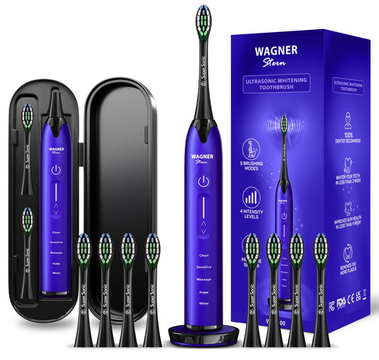 Wagner Stern Ultrasonic whitening Toothbrush with Pressure Sensor. 5 Brushing Modes and 4 Levels of Intensity, 8 Soft bristles, Travel case.