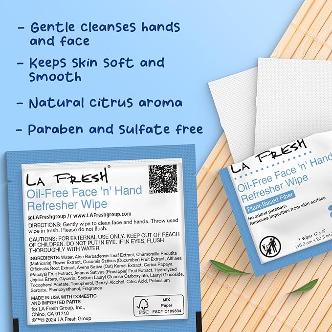 La Fresh Oil-Free Face ‘N’ Hand Refresher Wipes, Made With Natural Japanese Yuzu Scent, Pack of 50 Individually Wrapped Cleansing Wipes, Travel Essentials