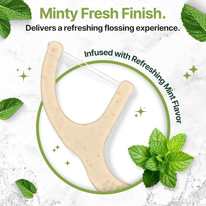 Biodegradable Floss Picks (200-Pack) - Eco-Friendly Plant-Based Dental Flossers for Tight Teeth - Plastic-Free, Mint Flavored, Ergonomic Design for Sensitive Gums