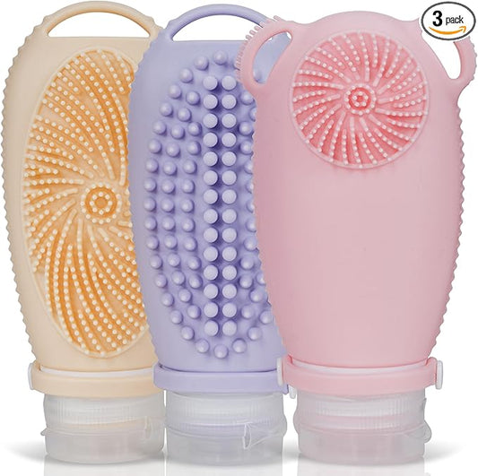Sumina Silicone Travel Bottles 3-Pack (3.4 oz) with TSA Bag | TSA-Approved Leakproof Toiletry Containers | Refillable Shampoo Bottles with Gentle Exfoliation | Soft, Squeezable Silicone