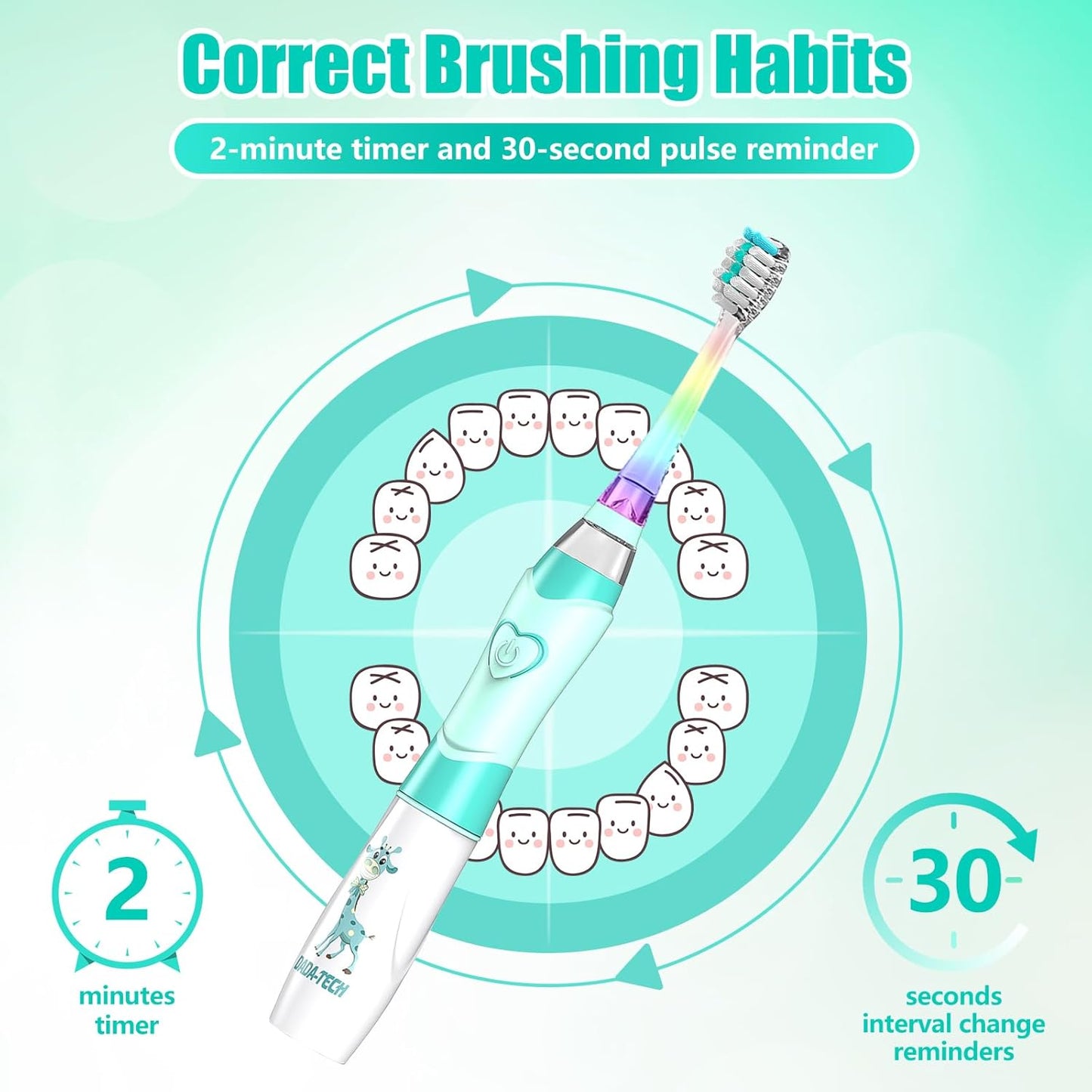Kids Electric Toothbrush Toddler Toothbrush Age 2-4-8-12 Electric Toothbrush Kids with Timer Rainbow LED Light Up Vibrating Toothbrush Battery Operated Childrens Sonic Tooth Brush (Green Giraffe)