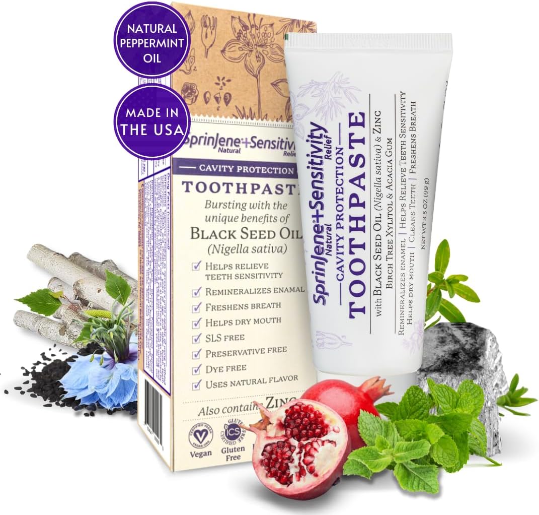 SprinJene Natural Sensitivity Relief, Fluoride Toothpaste for Sensitive Teeth (1 Pack) + Fluoride Free & Alcohol Free Mouthwash