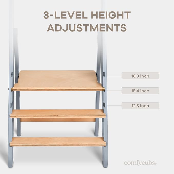 Comfy Cubs Kids Step Stool for Ages 3+, 3 Height Adjustable Toddler Tower, Montessori Furniture Designed in The US - Toddler Standing Tower for Kitchen Sink & Bathroom Access - Pacific Blue