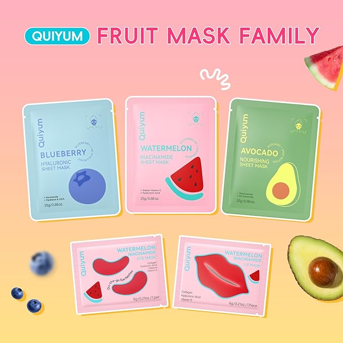 Fruit Skincare Mask Set - Eye + Lip + Face Repair Combo (32 PCS), for Women & Teen, Natural Ingredients with Niacinamide & Hyaluronic Acid, Spa-Like at Home, Moisturize, Soothe, Birthday Gift