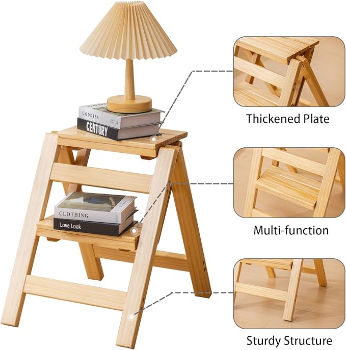Latifolia Foldable 2 Step Stool, Wooden Step Stool with Floor Saver, Decorative Ladder Shelf for Living Room, Kitchen, Garden(Nature)