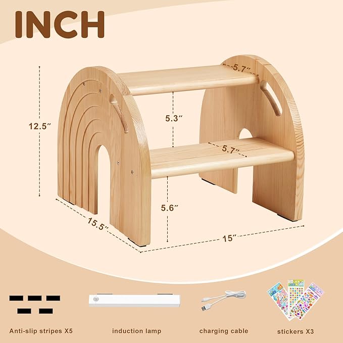 Rainbow Wooden Toddler Step Stool for Kids, Two-Step Stool for Bathroom Sink and Potty Training, Child Stepping Stool for Kitchen with Safety Non-Slip Pad, Handle and Auto Light
