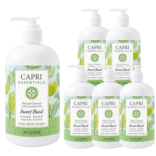 Capri Essentials Hand Soap Liquid, Natural Household Cleaning Supplies, Gentle Plant Based Aromatic Hand Wash with a Blend of Essential Oils, Removes Dirt & Grime, Sweet Basil Scent, 16 FL Oz (6 Pack)