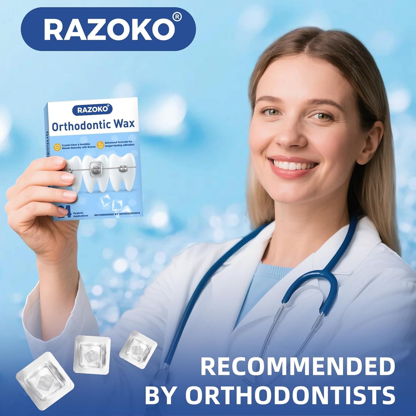 RAZOKO Orthodontic Wax for Braces Wax Dots Gentle Comfort, Clear Invisible Fit, All Day Protection 24 Individual Hygienic Packaging Dental Wax