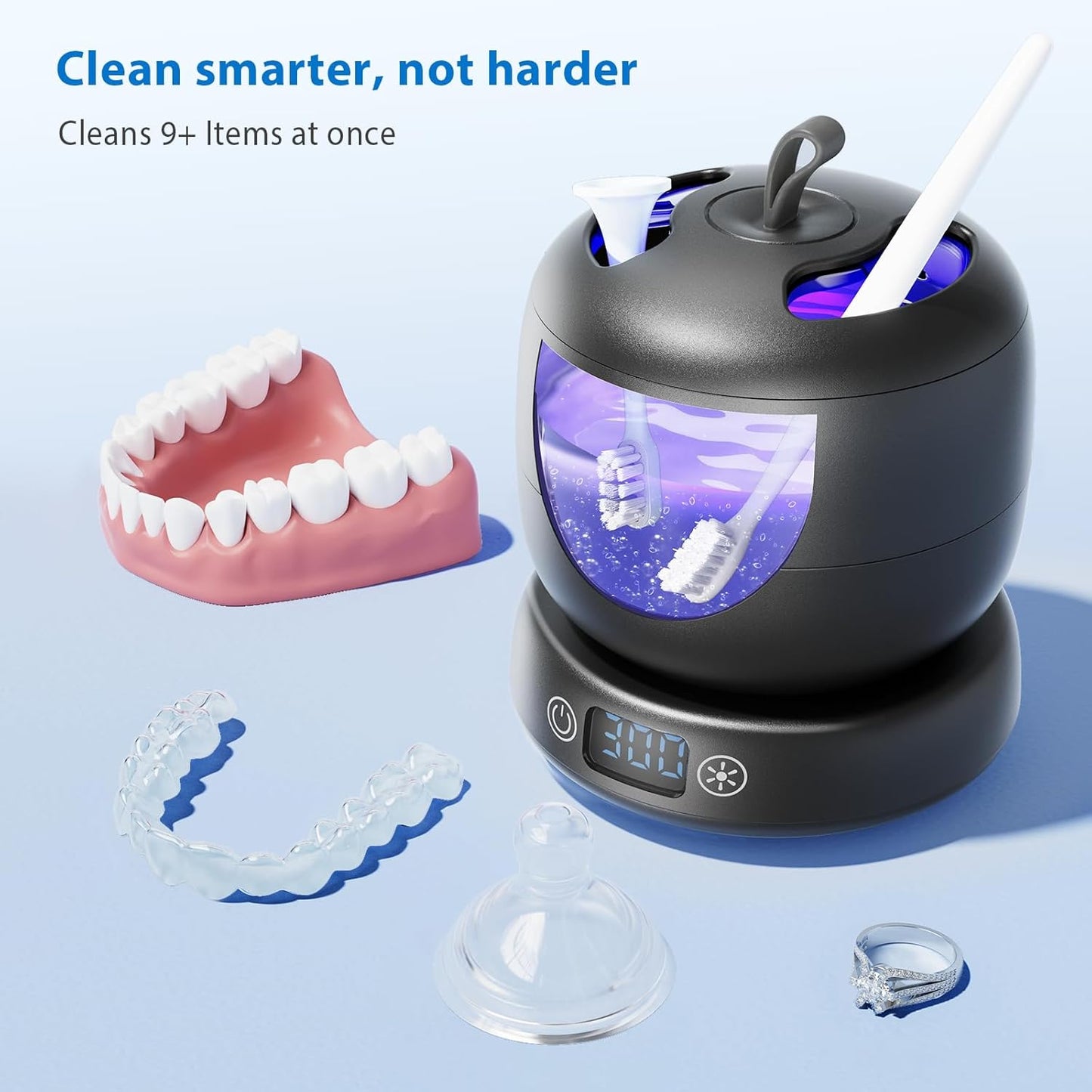 Ultrasonic Retainer Cleaner Machine, 42kHz Professional for Dentures, Aligners, Mouth Guards, Jewelry - IPX7 Waterproof Durable Removable Base and Top Cover, 3 Timer Settings, Quiet Black
