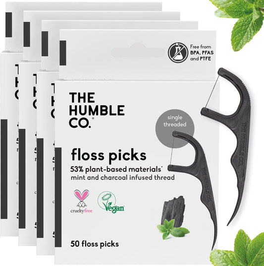 The Humble Co. Floss Picks (200 Count) – Plant Based Dental Floss Picks for Superior Oral Care, Dental Hygiene, and Gum Health, Cruelty Free Tooth Floss Picks (Charcoal, Single Thread)