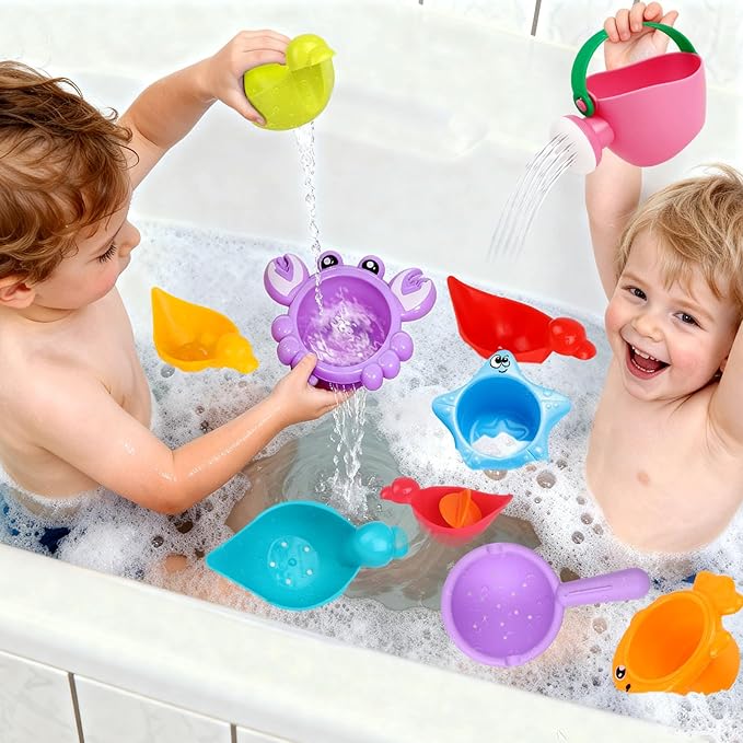 10 Pcs Bath Toys for Kids Ages 1-3, Bathtub & Pool Water Toys for Toddlers 1-3 & Babies 12-18 Months, Water Table Accessories with Floating Ducks, Stacking Cups & Pouring Fun for Boys Girls