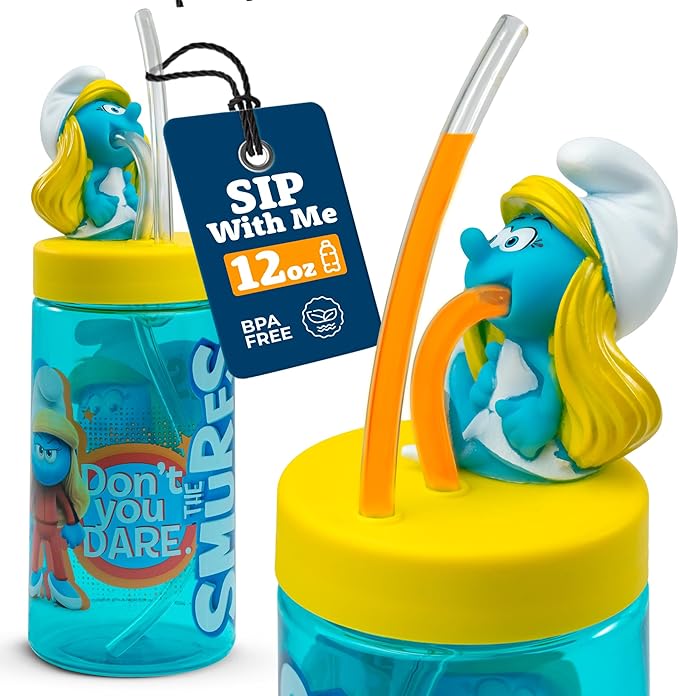 Smurfette Cup, Water Bottle, Tumbler with Lid and Straw, Travel Sippy Cup for Water or Milk, Cups with Lids BPA Free Plastic, 12 oz
