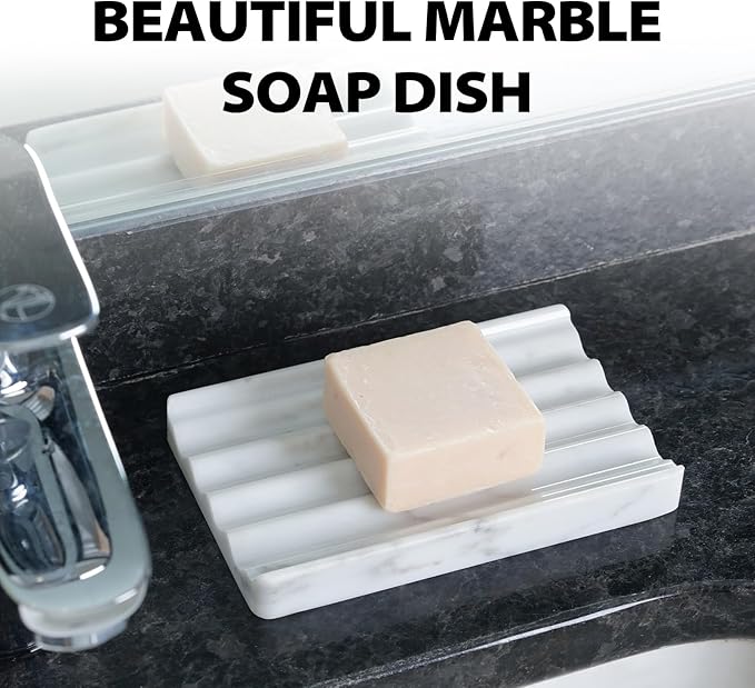 Soap Holder, Marble Soap Dish for Shower, Bar Soap Holder with Water Ripple Design, Easy Cleaning Soap Saver for Kitchen Sink，Bathroom, Executive Italian Natural Stone Soap Tray(Bianco Carrara)